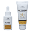 AJ Skincare Vitamin C + Hyaluronic Sunscreen Lotion Front 50ml 1.77fl.oz AJ Skincare Vitamin C + Hyaluronic serum bottle front 30ml 1.01fl. oz