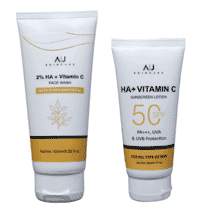 AJ Skincare Vitamin C + Hyaluronic Sunscreen Lotion Front 50ml 1.77fl.oz and AJ Skincare Vitamin C + 2% Hyaluronic facewash front 100ml 3.38 fl.oz